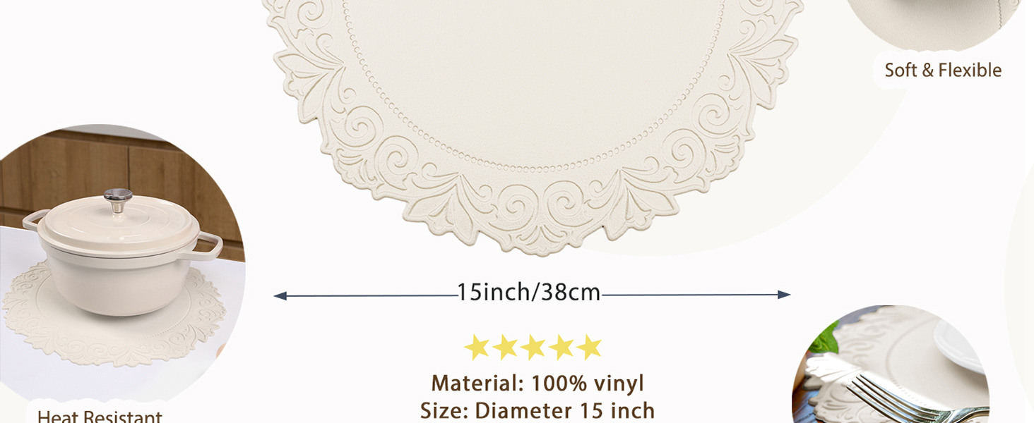 Noctiflorous Round Faux Leather 15 Inch Placemats Set of 6 Waterproof Wipeable Heat Resistant Tablemat for Dining Table Kitchen Non Slip Washable Oilproof Table Place Mat for Indoor Outdoor(Beige, 6)