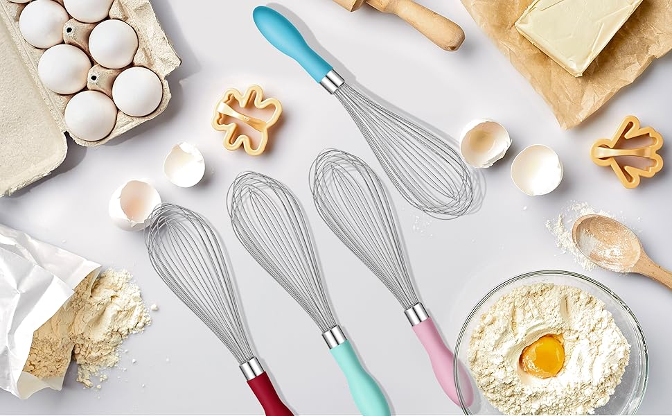 Rainspire 12-Inch Wire Whisk Stainless Steel, Balloon Whisks for Cooking, Wisk Wisking Tool With Soft Silicone Handle, Thick Durable Whisker for Blending, Beating, Whisking, Stirring, Pink