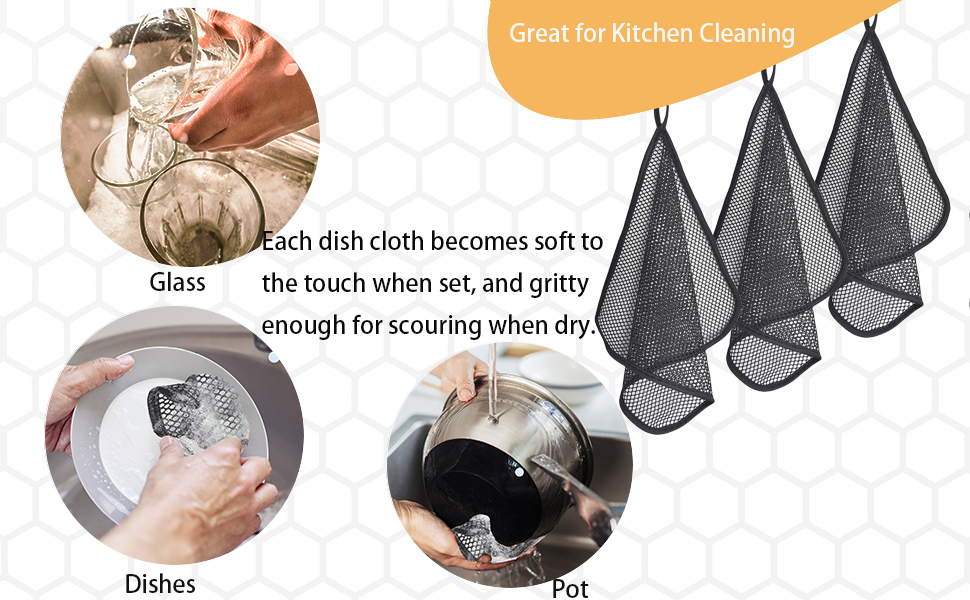 Premium Mesh Dish Cloths for Kitchen, Quick Drying Kitchen Dish Washing Net and Scrubber, Order-Free Dish Rags for Washing Dishes Black 12X12 6 Pack