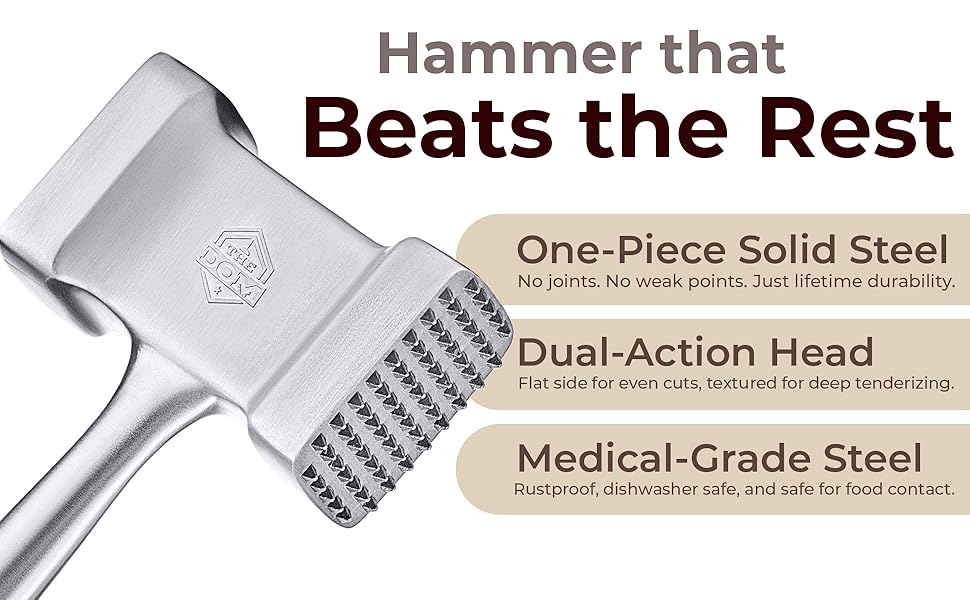 Stainless Steel Meat Mallet Hammer Tenderizer, Textured Grip Meat Mallet Tenderizer, 1.1lb Single-Piece Chicken Pounder, Large Surface Meat tenderizer Tool, 5-Year Warranty, Ablandador de carne