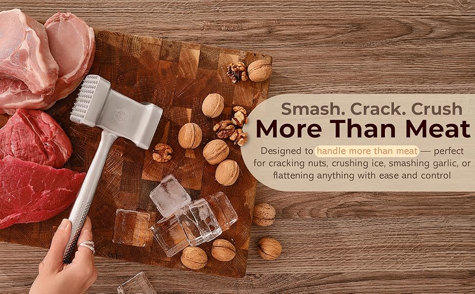 Stainless Steel Meat Mallet Hammer Tenderizer, Textured Grip Meat Mallet Tenderizer, 1.1lb Single-Piece Chicken Pounder, Large Surface Meat tenderizer Tool, 5-Year Warranty, Ablandador de carne