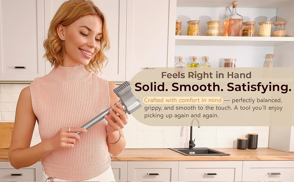 Stainless Steel Meat Mallet Hammer Tenderizer, Textured Grip Meat Mallet Tenderizer, 1.1lb Single-Piece Chicken Pounder, Large Surface Meat tenderizer Tool, 5-Year Warranty, Ablandador de carne