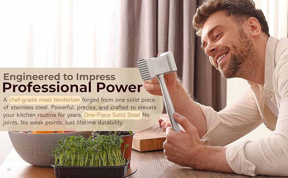 Stainless Steel Meat Mallet Hammer Tenderizer, Textured Grip Meat Mallet Tenderizer, 1.1lb Single-Piece Chicken Pounder, Large Surface Meat tenderizer Tool, 5-Year Warranty, Ablandador de carne