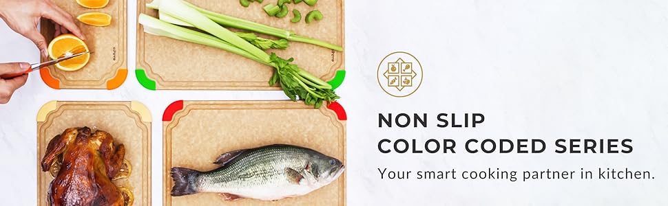 Elihome Premium Series Color Code Wood Fiber Dishwasher Safe Cutting board for Kitchen, Food Icon, Juice Grooves, Non-Porous, Non-slip Feet,Made in USA, X-Large 19 x 14 x 1/4