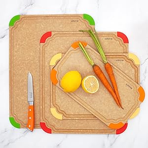 Elihome Premium Series Color Code Wood Fiber Dishwasher Safe Cutting board for Kitchen, Food Icon, Juice Grooves, Non-Porous, Non-slip Feet,Made in USA, X-Large 19 x 14 x 1/4