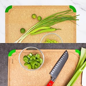 Elihome Premium Series Color Code Wood Fiber Dishwasher Safe Cutting board for Kitchen, Food Icon, Juice Grooves, Non-Porous, Non-slip Feet,Made in USA, X-Large 19 x 14 x 1/4