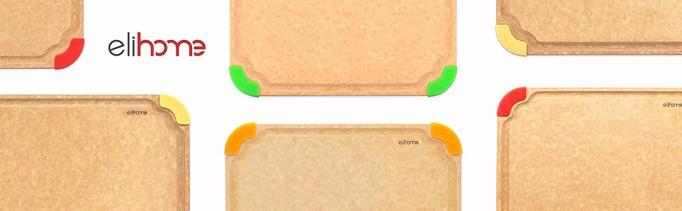 Elihome Premium Series Color Code Wood Fiber Dishwasher Safe Cutting board for Kitchen, Food Icon, Juice Grooves, Non-Porous, Non-slip Feet,Made in USA, X-Large 19 x 14 x 1/4