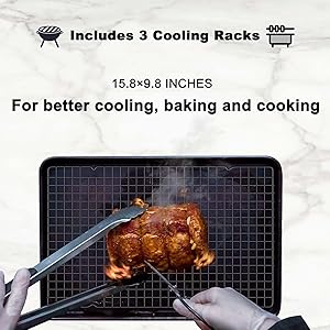 15.8”×9.8” Cooling Rack, 3P Stainless Steel Baking Rack, Oven Safe Cooling Racks for Cooking and Baking, Black Roasting Rack & Wire Rack & Cookie Cooling Rack for Roasting, Grilling, Drying