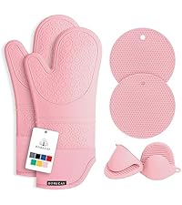 Rorecay Oven Mitts and Pot Holders Sets 6pcs, Extra Long Kitchen Silicone Oven Gloves High Heat Resistant 500 Degrees Non-Slip Potholders Hot Pads for Baking Cooking, Milkshake