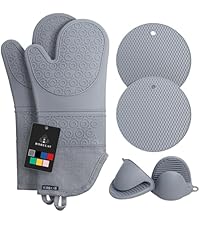 Rorecay Oven Mitts and Pot Holders Sets 6pcs, Extra Long Kitchen Silicone Oven Gloves High Heat Resistant 500 Degrees Non-Slip Potholders Hot Pads for Baking Cooking, Milkshake