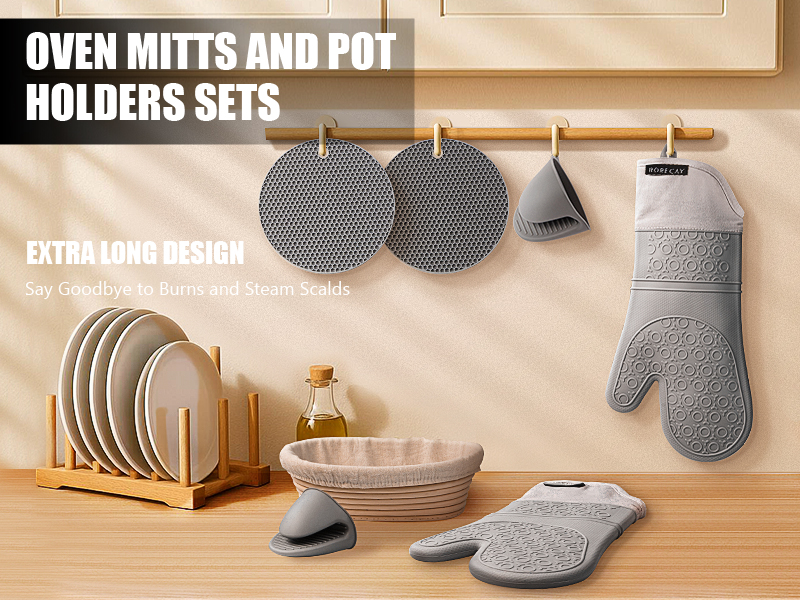 Rorecay Oven Mitts and Pot Holders Sets 6pcs, Extra Long Kitchen Silicone Oven Gloves High Heat Resistant 500 Degrees Non-Slip Potholders Hot Pads for Baking Cooking, Milkshake