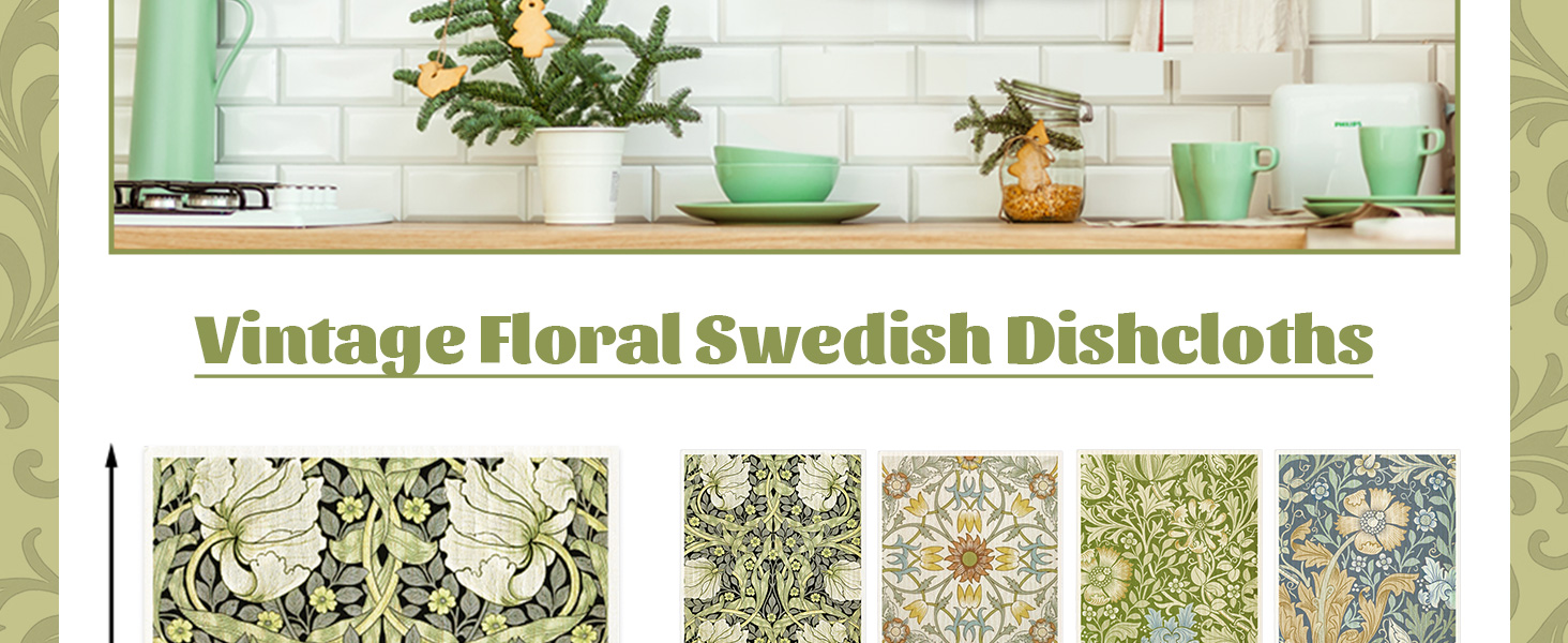 8 Packs Vintage Floral Swedish Dishcloths Blue Green Flower Kitchen Dish Towel Reusable Washable Cotton Kitchen Towels for Home Party Cleaning Housewarming, 7 x 8 Inch