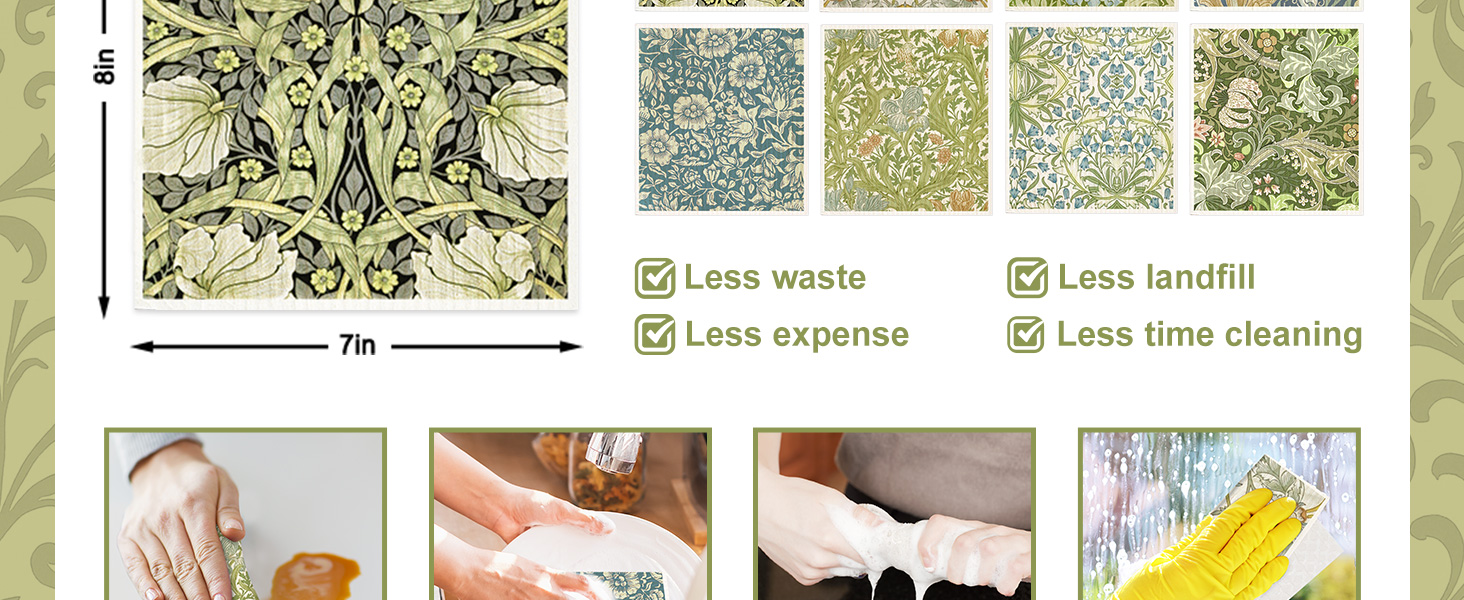 8 Packs Vintage Floral Swedish Dishcloths Blue Green Flower Kitchen Dish Towel Reusable Washable Cotton Kitchen Towels for Home Party Cleaning Housewarming, 7 x 8 Inch