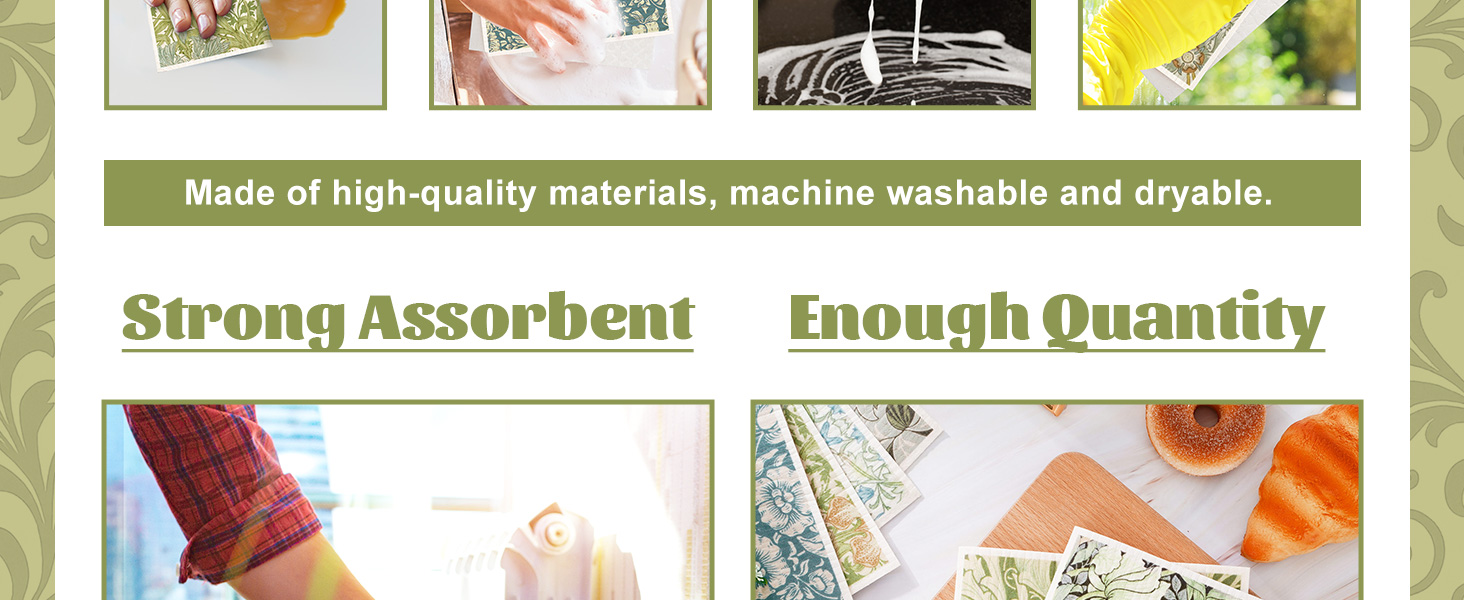 8 Packs Vintage Floral Swedish Dishcloths Blue Green Flower Kitchen Dish Towel Reusable Washable Cotton Kitchen Towels for Home Party Cleaning Housewarming, 7 x 8 Inch