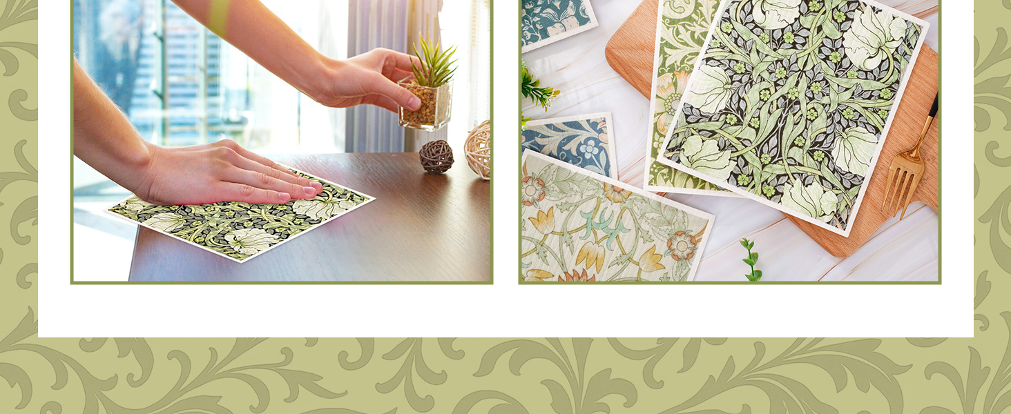 8 Packs Vintage Floral Swedish Dishcloths Blue Green Flower Kitchen Dish Towel Reusable Washable Cotton Kitchen Towels for Home Party Cleaning Housewarming, 7 x 8 Inch