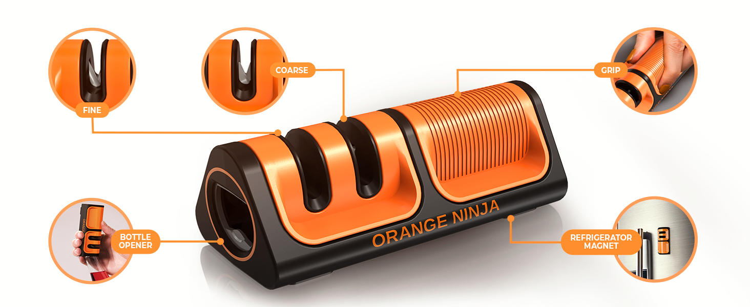 Orange Ninja Mini Knife Sharpener - Coarse & Fine Blade Sharpener, Sharpening System- Knife Sharpeners for Kitchen Knives, Pocket Kitchen Knives Sharpeners with Bottle Opener & Fridge Attachment