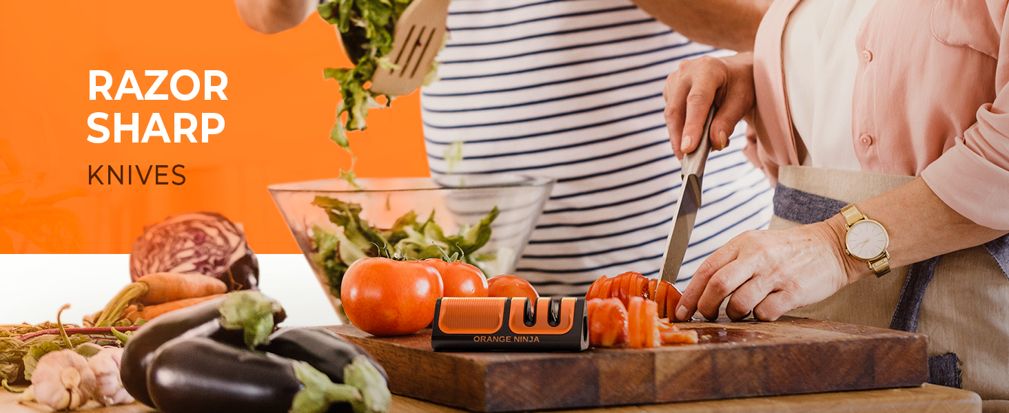Orange Ninja Mini Knife Sharpener - Coarse & Fine Blade Sharpener, Sharpening System- Knife Sharpeners for Kitchen Knives, Pocket Kitchen Knives Sharpeners with Bottle Opener & Fridge Attachment
