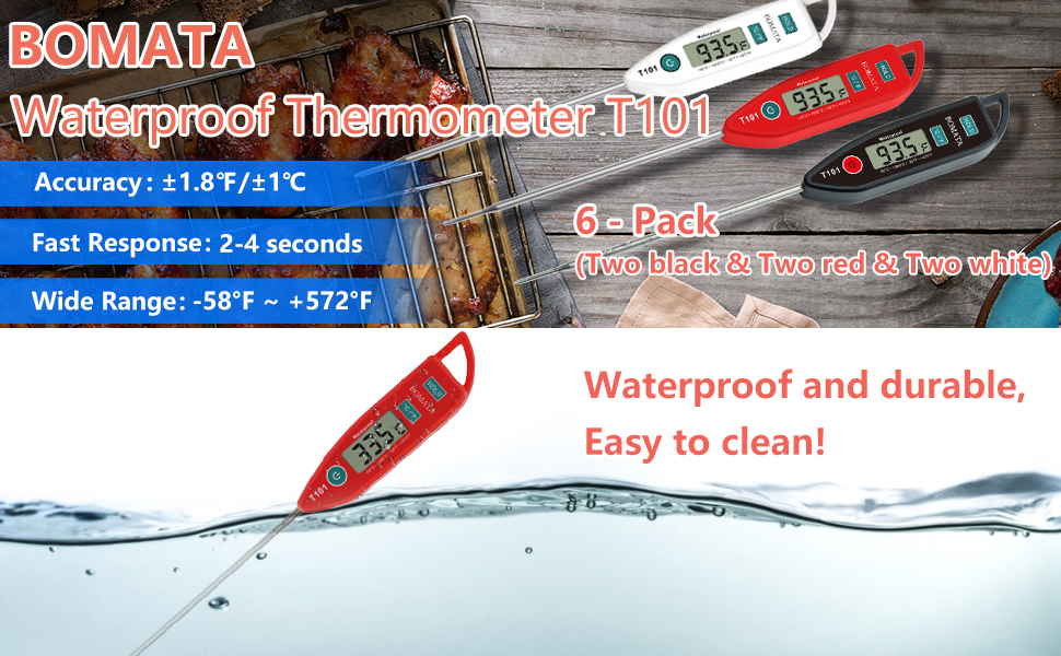 BOMATA 6 Pack Waterproof IPX7 Meat Thermometer Instant Read Food Thermometer with Long Probe for Water, Liquid, Kitchen Cooking, Grill,BBQ ! T101 X 6 Pcs (Black & Red & White)…