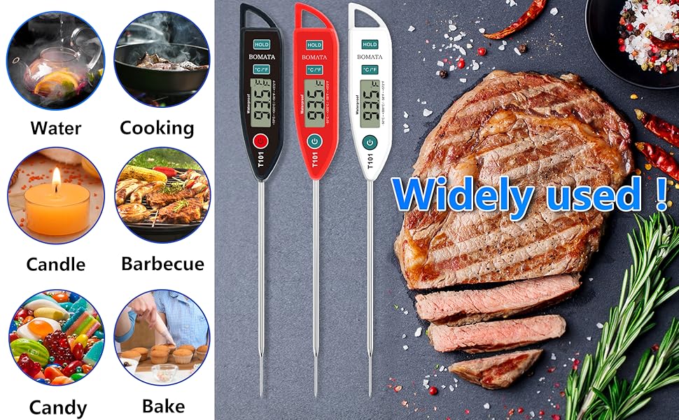BOMATA 6 Pack Waterproof IPX7 Meat Thermometer Instant Read Food Thermometer with Long Probe for Water, Liquid, Kitchen Cooking, Grill,BBQ ! T101 X 6 Pcs (Black & Red & White)…