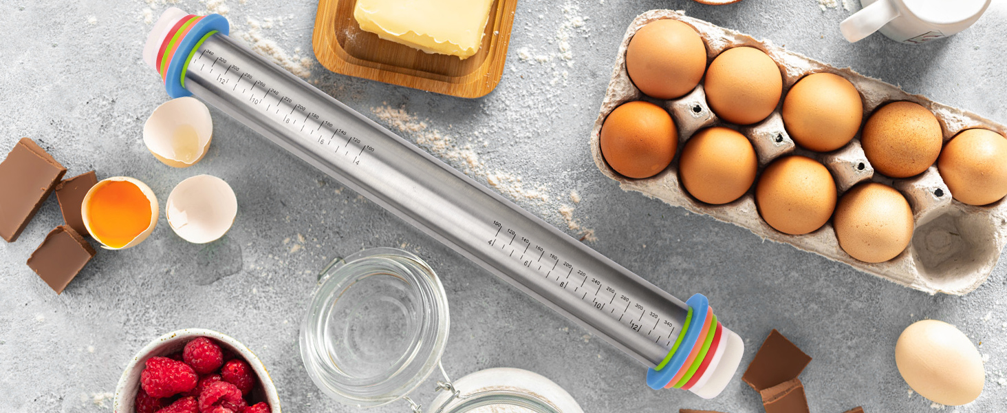 Adjustable Rolling Pin with Thickness Rings for Baking, Stainless Steel Designs Dough Roller Pins for Cookie Decorating Baking Supplies Fondant Cake Baker