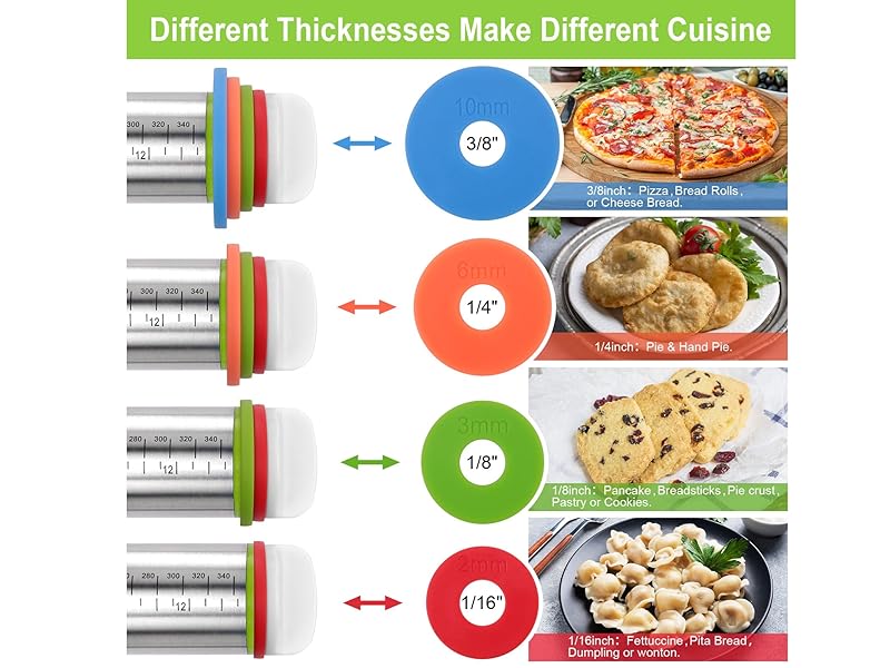 Adjustable Rolling Pin with Thickness Rings for Baking, Stainless Steel Designs Dough Roller Pins for Cookie Decorating Baking Supplies Fondant Cake Baker