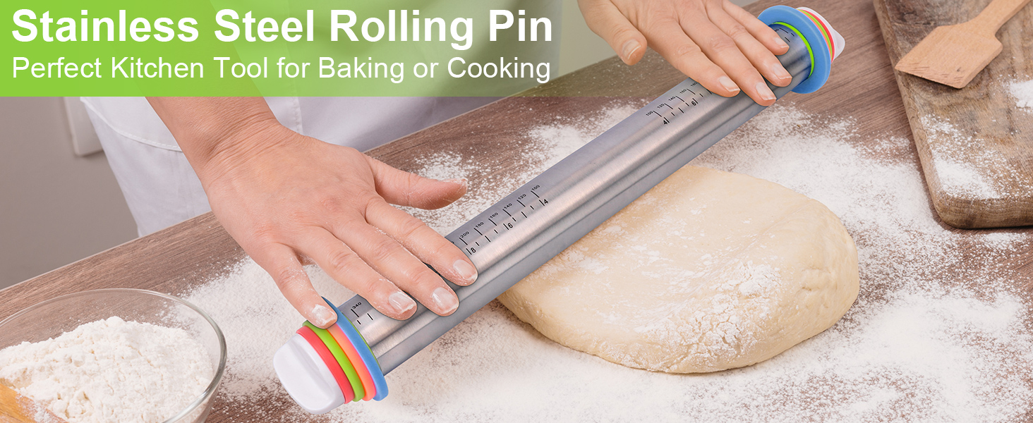 Adjustable Rolling Pin with Thickness Rings for Baking, Stainless Steel Designs Dough Roller Pins for Cookie Decorating Baking Supplies Fondant Cake Baker