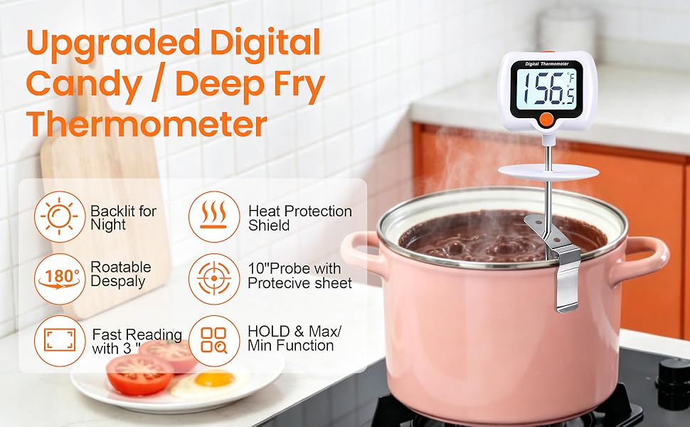 10 Inch Long Digital Candy Thermometer with Pot Clip,Deep Fry Thermometer,Rotating Display, Best Instant Read Food Meat Thermometer for Candy Making or Deep Frying
