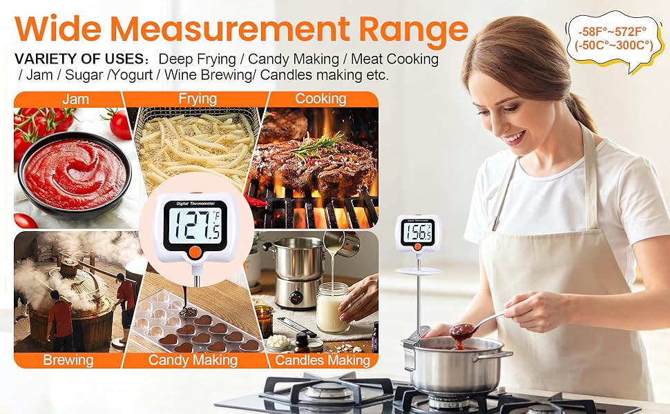 10 Inch Long Digital Candy Thermometer with Pot Clip,Deep Fry Thermometer,Rotating Display, Best Instant Read Food Meat Thermometer for Candy Making or Deep Frying