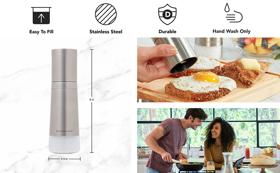 KitchenAid Stainless Steel Filled Pepper Grinder, 8 Inch