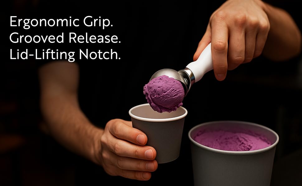 Restaurantware Comfy Grip 7.9 x 2 Inch Kitchen Ice Cream Scoop 1 Heavy-Duty Ice Cream Disher - Ergonomic PP Handle Dishwashable Gray Metal Ice Cream Spade With Lid Opener Notch Multi-Use