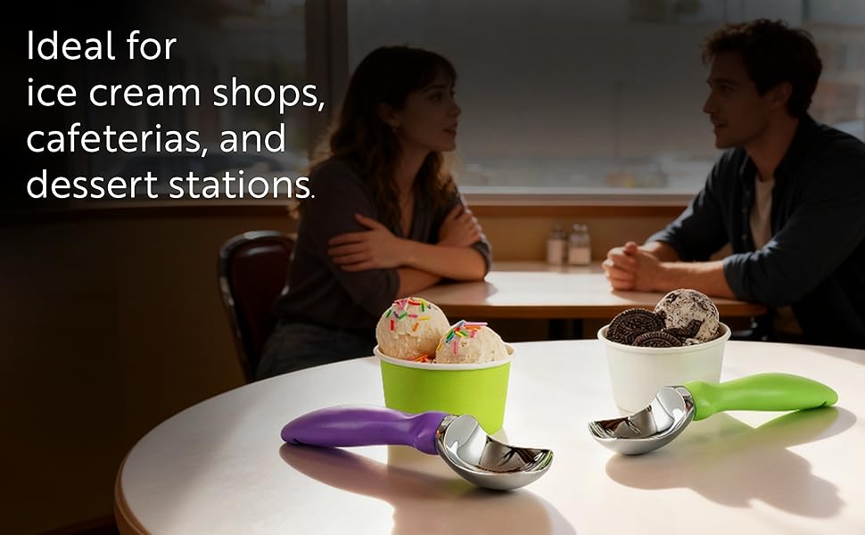 Restaurantware Comfy Grip 7.9 x 2 Inch Kitchen Ice Cream Scoop 1 Heavy-Duty Ice Cream Disher - Ergonomic PP Handle Dishwashable Gray Metal Ice Cream Spade With Lid Opener Notch Multi-Use