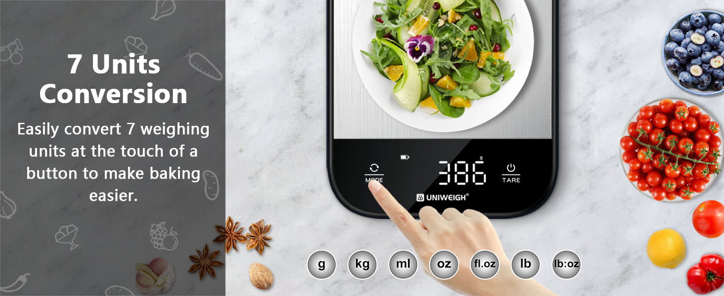 Food Scales for Kitchen,Digital Scale Grams and Ounces for Food Weight,Baking,Cooking,Meal Prep,Small Kitchen Scales with 7 Weighing Units/LED Display/Tare Function,Stainless Steel,Black