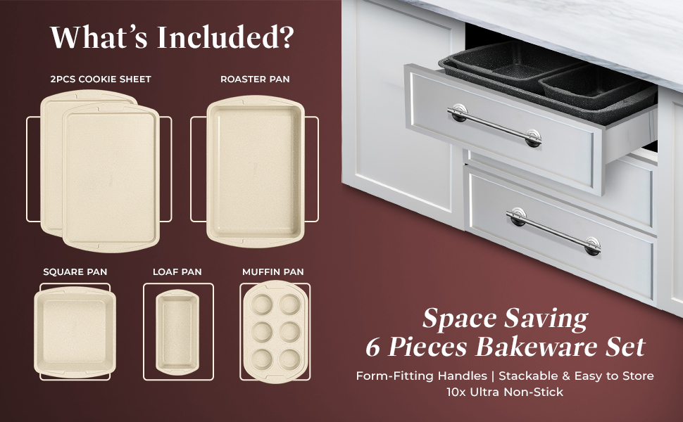 Bakken Swiss - Bakeware Set – 6 Piece – Stackable, Deluxe, Non-Stick Baking Pans for Professional and Home Cooking – Carbon Steel, White Stone Coating