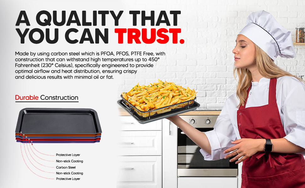 Bakken Swiss Crisper Tray - 2-Piece Set – White Marble, Non-Stick Basket Design for Healthier Cooking in Regular Ovens - Achieve Perfectly Crispy Chips, Bacon and More