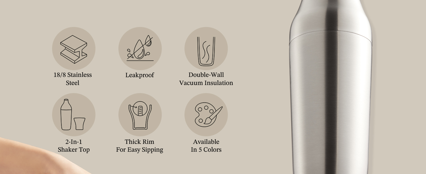 Kitessensu Hybrid Cocktail Shaker | Vacuum Insulated Stainless Steel Martini Shaker with Double Wall Martini Cup | Integrated Measuring System | Tumbler Lid & Cocktail Recipes Included | Crown