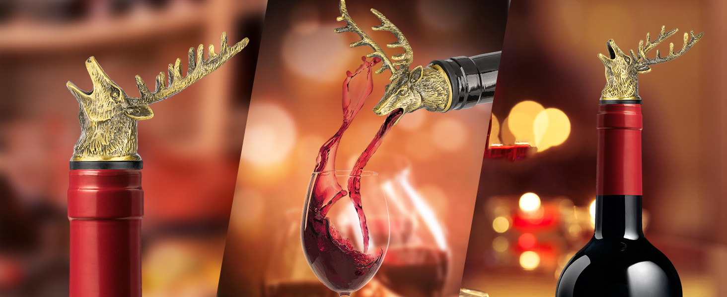 LKKCHER Deer Head Wine Bottle Pourer and Stopper Birthday Gifts Hunting Gifts for Hunters Men Dad Liquor Bottle Pourers Spout for Alcohol Spirits, Stag Gifts Wine Gifts, Bronze