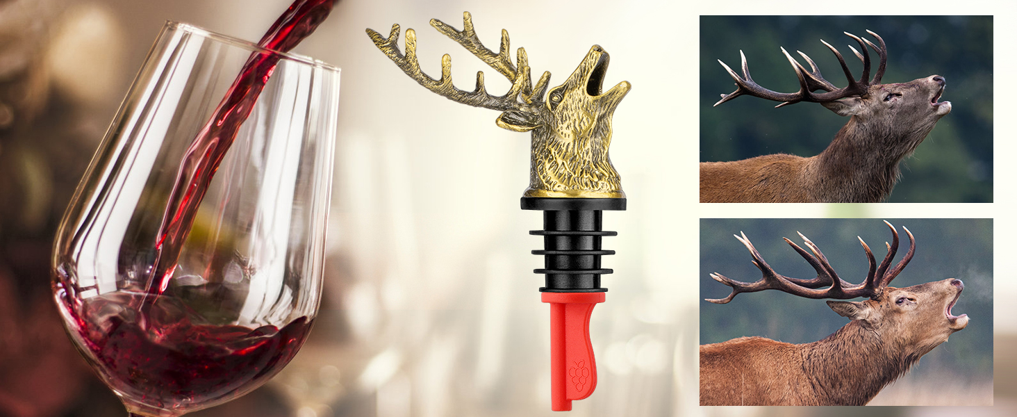 LKKCHER Deer Head Wine Bottle Pourer and Stopper Birthday Gifts Hunting Gifts for Hunters Men Dad Liquor Bottle Pourers Spout for Alcohol Spirits, Stag Gifts Wine Gifts, Bronze