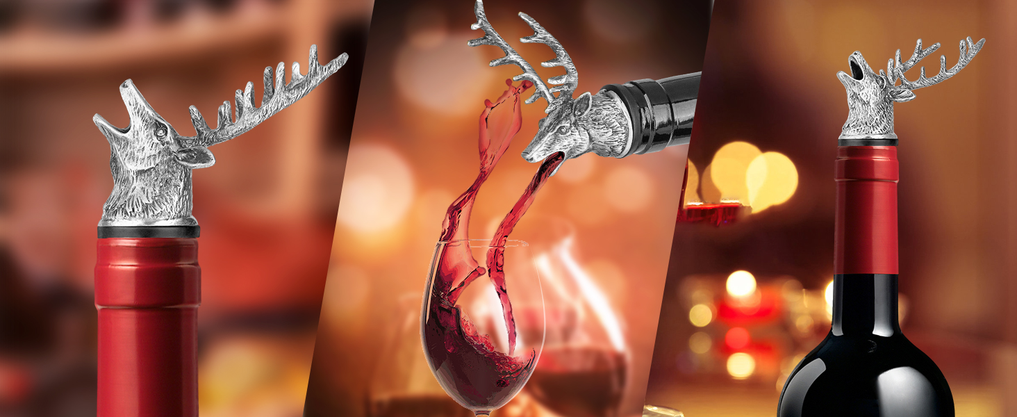 LKKCHER Deer Head Wine Bottle Pourer and Stopper Birthday Gifts Hunting Gifts for Hunters Men Dad Liquor Bottle Pourers Spout for Alcohol Spirits, Stag Gifts Wine Gifts, Bronze