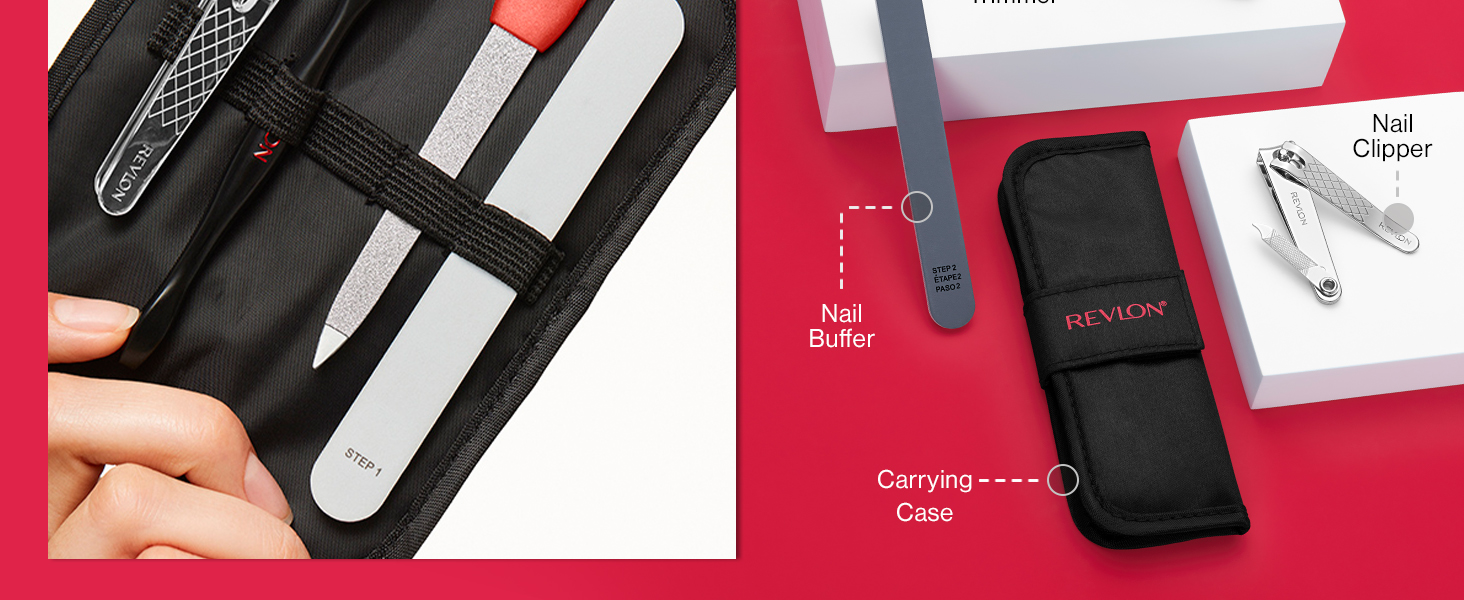 Revlon Manicure Essentials Kit with Travel Case, Nail Care Set with Dual Ended Cuticle Trimmer, Curved Blade Clippers, Compact Emeryl File & Buffer (Pack of 1)