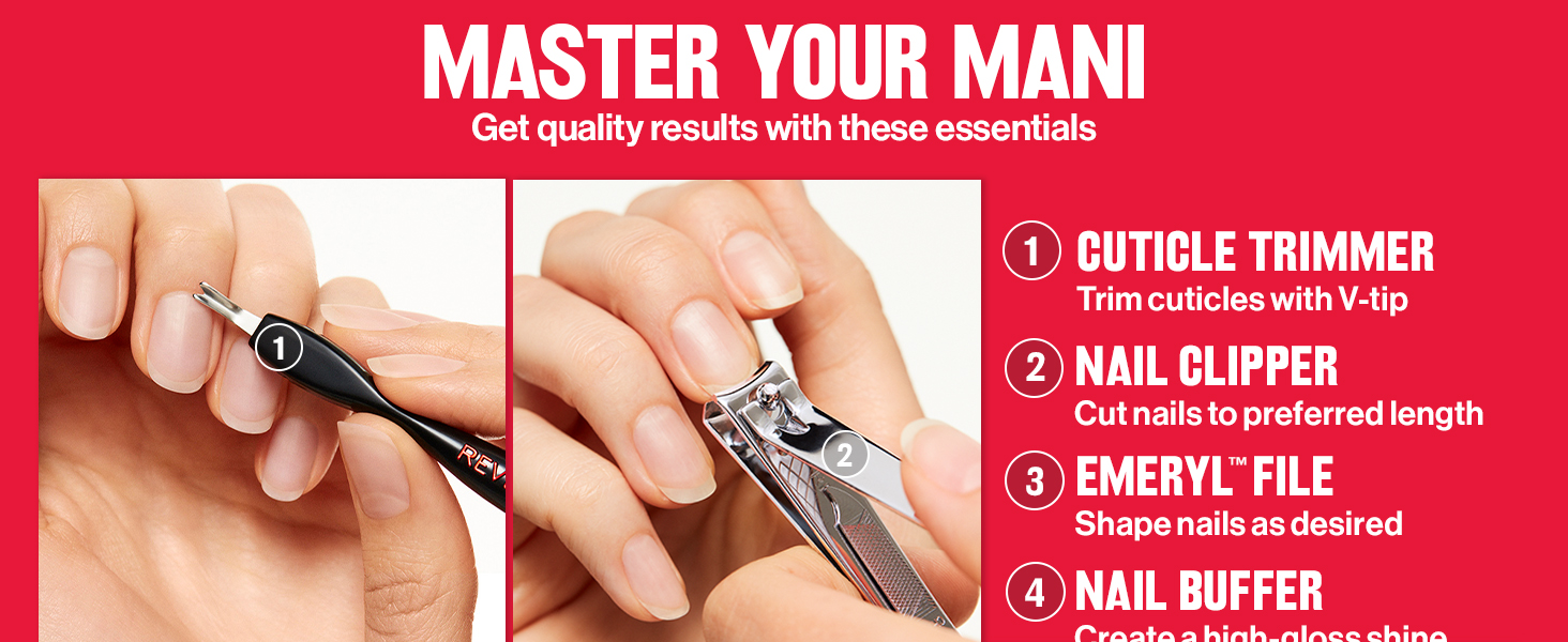 Revlon Manicure Essentials Kit with Travel Case, Nail Care Set with Dual Ended Cuticle Trimmer, Curved Blade Clippers, Compact Emeryl File & Buffer (Pack of 1)
