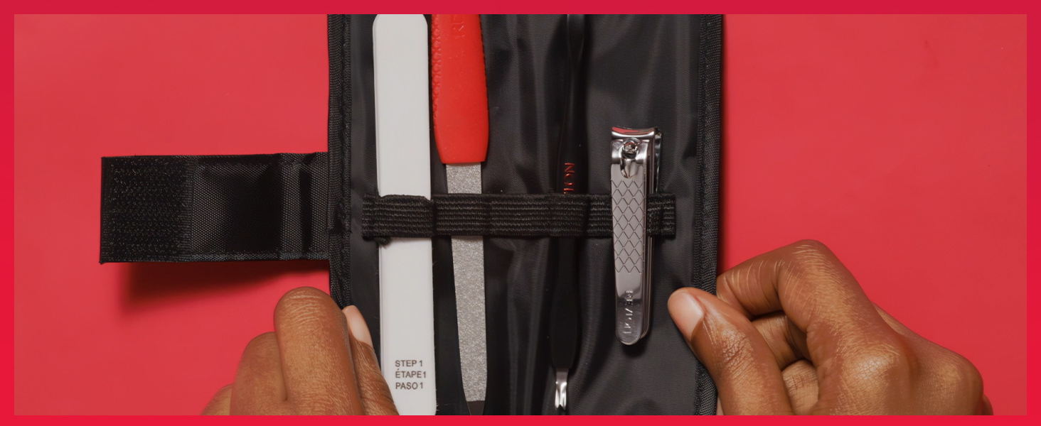 Revlon Manicure Essentials Kit with Travel Case, Nail Care Set with Dual Ended Cuticle Trimmer, Curved Blade Clippers, Compact Emeryl File & Buffer (Pack of 1)