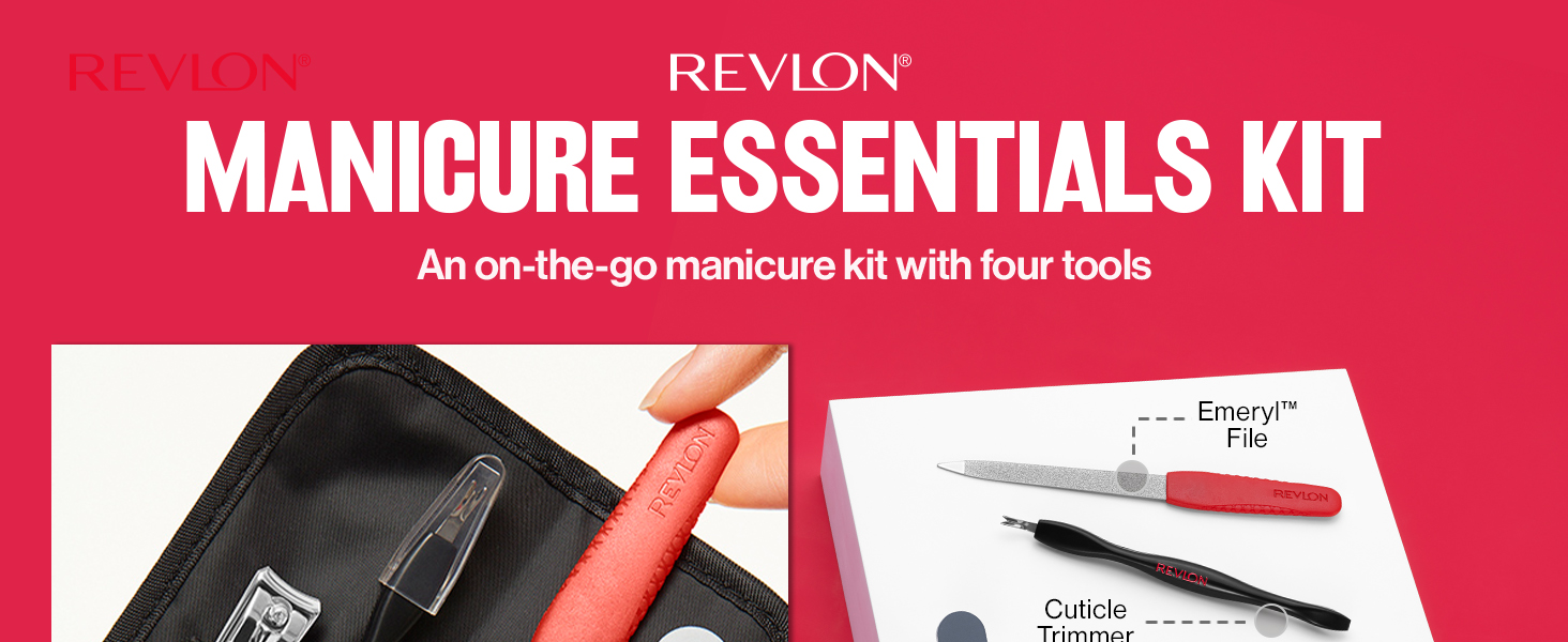 Revlon Manicure Essentials Kit with Travel Case, Nail Care Set with Dual Ended Cuticle Trimmer, Curved Blade Clippers, Compact Emeryl File & Buffer (Pack of 1)