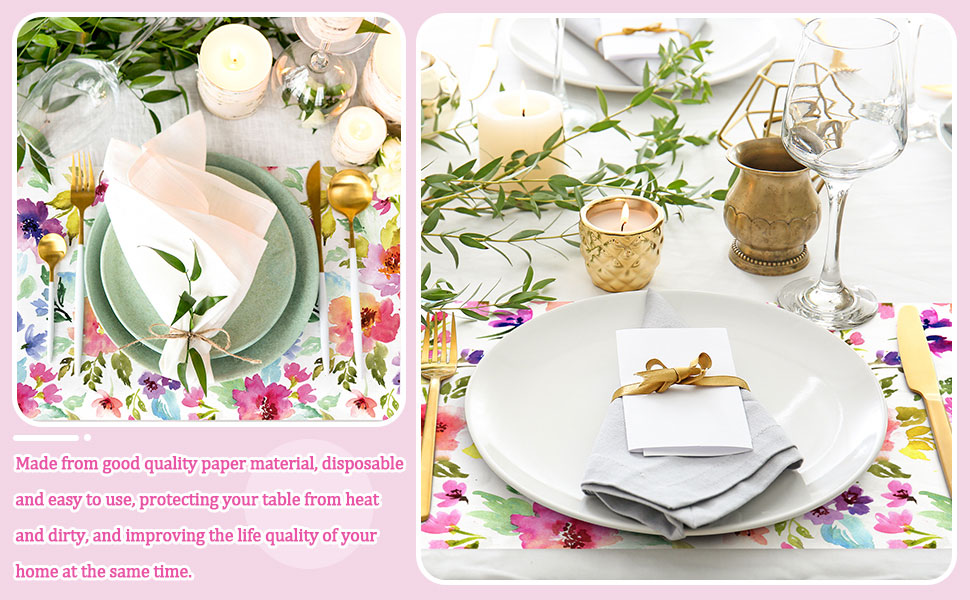 50 Sheets Floral Paper Placemat Watercolor Flower Disposable Place Mat Spring Colorful Floral Decorative Paper Table Mat for Wedding Bridal Shower Dinner Table, 11 x 17 Inch