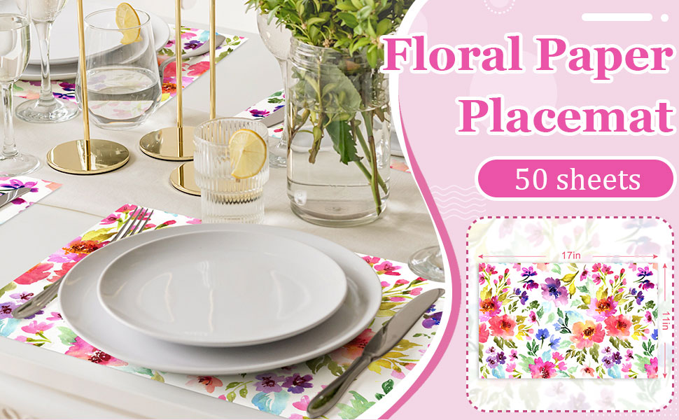50 Sheets Floral Paper Placemat Watercolor Flower Disposable Place Mat Spring Colorful Floral Decorative Paper Table Mat for Wedding Bridal Shower Dinner Table, 11 x 17 Inch