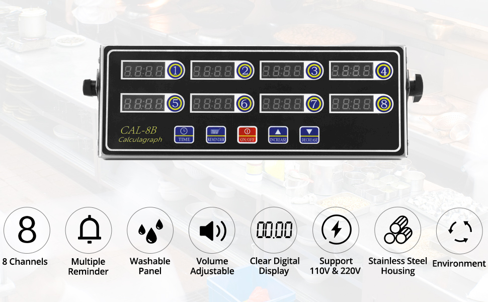 QWORK Digital Kitchen Timer - 8-Channel Multi-Timer with Waterproof Panel, Adjustable Volume