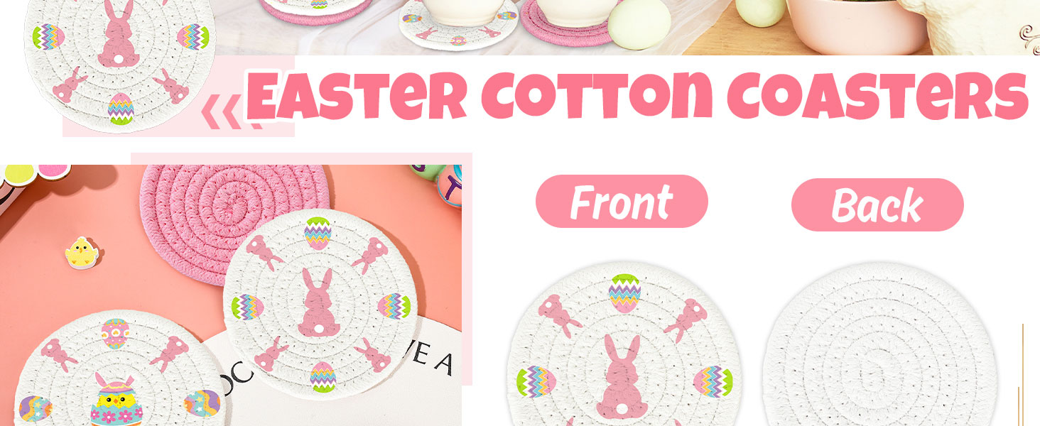Whaline 4Pcs Easter Coasters Bunny Rabbit Egg Handmade Braided Cotton Drink Coasters Pink White Absorbent Anti Slip Round Tabletop Protection for Home Office Spring Party Tableware Decor Gift