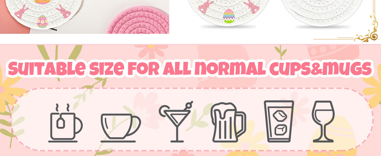 Whaline 4Pcs Easter Coasters Bunny Rabbit Egg Handmade Braided Cotton Drink Coasters Pink White Absorbent Anti Slip Round Tabletop Protection for Home Office Spring Party Tableware Decor Gift