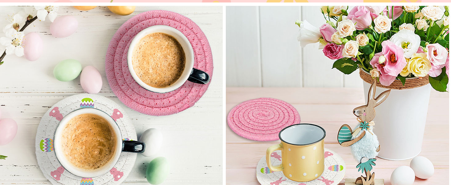 Whaline 4Pcs Easter Coasters Bunny Rabbit Egg Handmade Braided Cotton Drink Coasters Pink White Absorbent Anti Slip Round Tabletop Protection for Home Office Spring Party Tableware Decor Gift