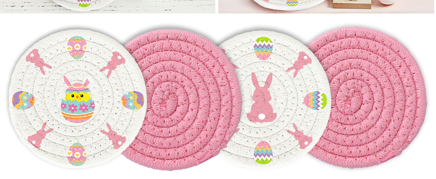 Whaline 4Pcs Easter Coasters Bunny Rabbit Egg Handmade Braided Cotton Drink Coasters Pink White Absorbent Anti Slip Round Tabletop Protection for Home Office Spring Party Tableware Decor Gift