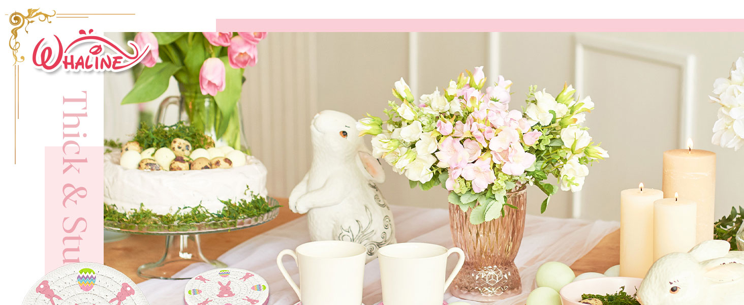 Whaline 4Pcs Easter Coasters Bunny Rabbit Egg Handmade Braided Cotton Drink Coasters Pink White Absorbent Anti Slip Round Tabletop Protection for Home Office Spring Party Tableware Decor Gift